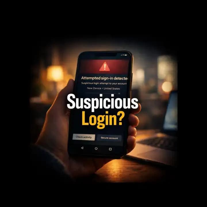 smartphone showing suspicious login attempt notification and security alert