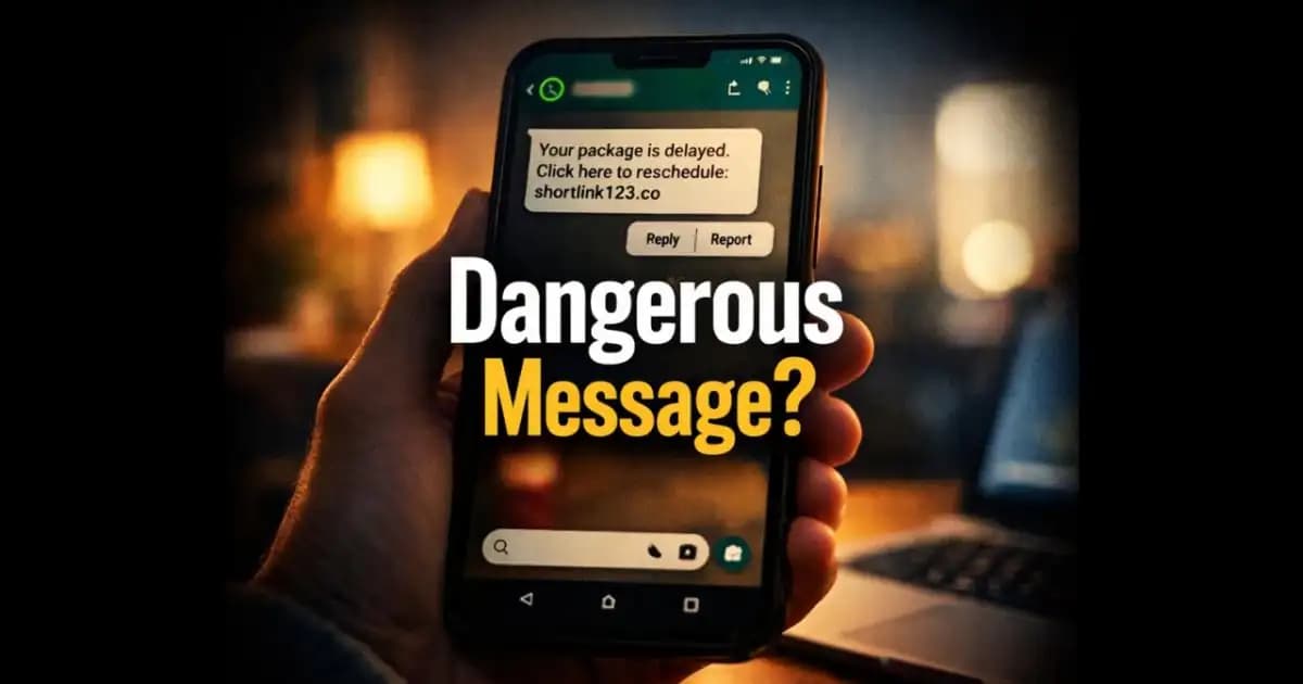 smartphone showing suspicious message warning signs with unknown link on WhatsApp