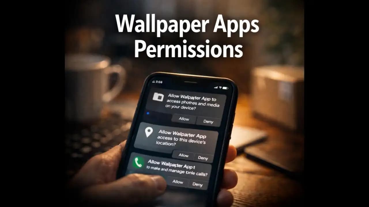 Android smartphone showing permission requests from a wallpaper app asking for storage and device access