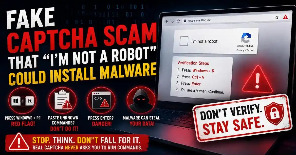 Fake CAPTCHA scam warning showing an I'm not a robot malware trap