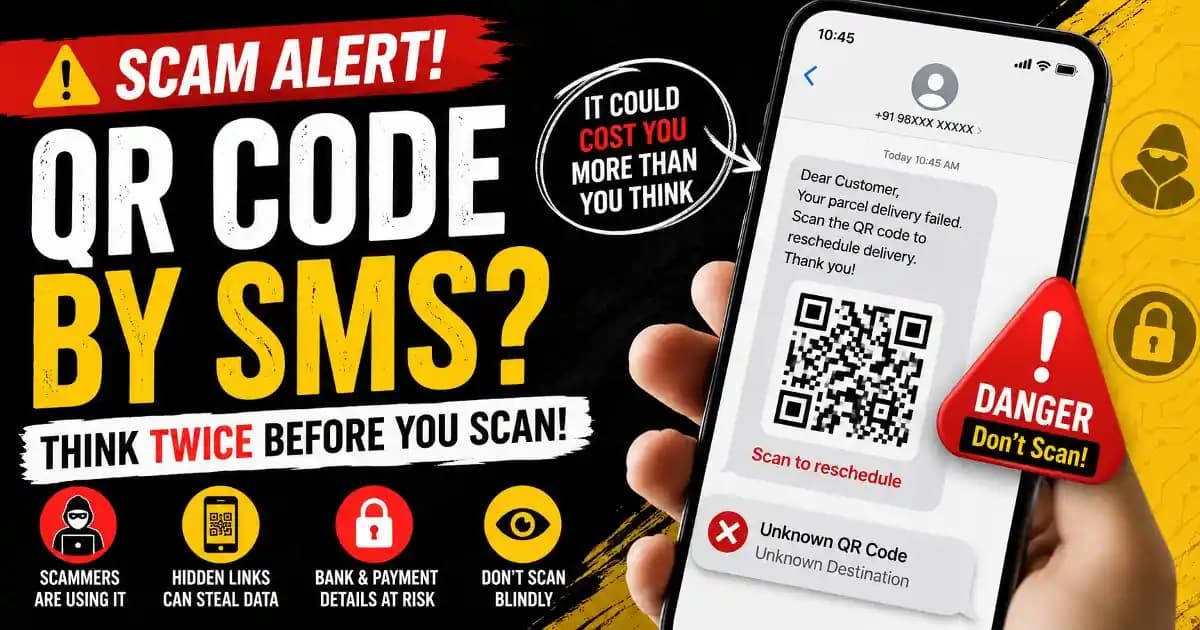QR code SMS scam warning shown on a smartphone with a suspicious phishing message