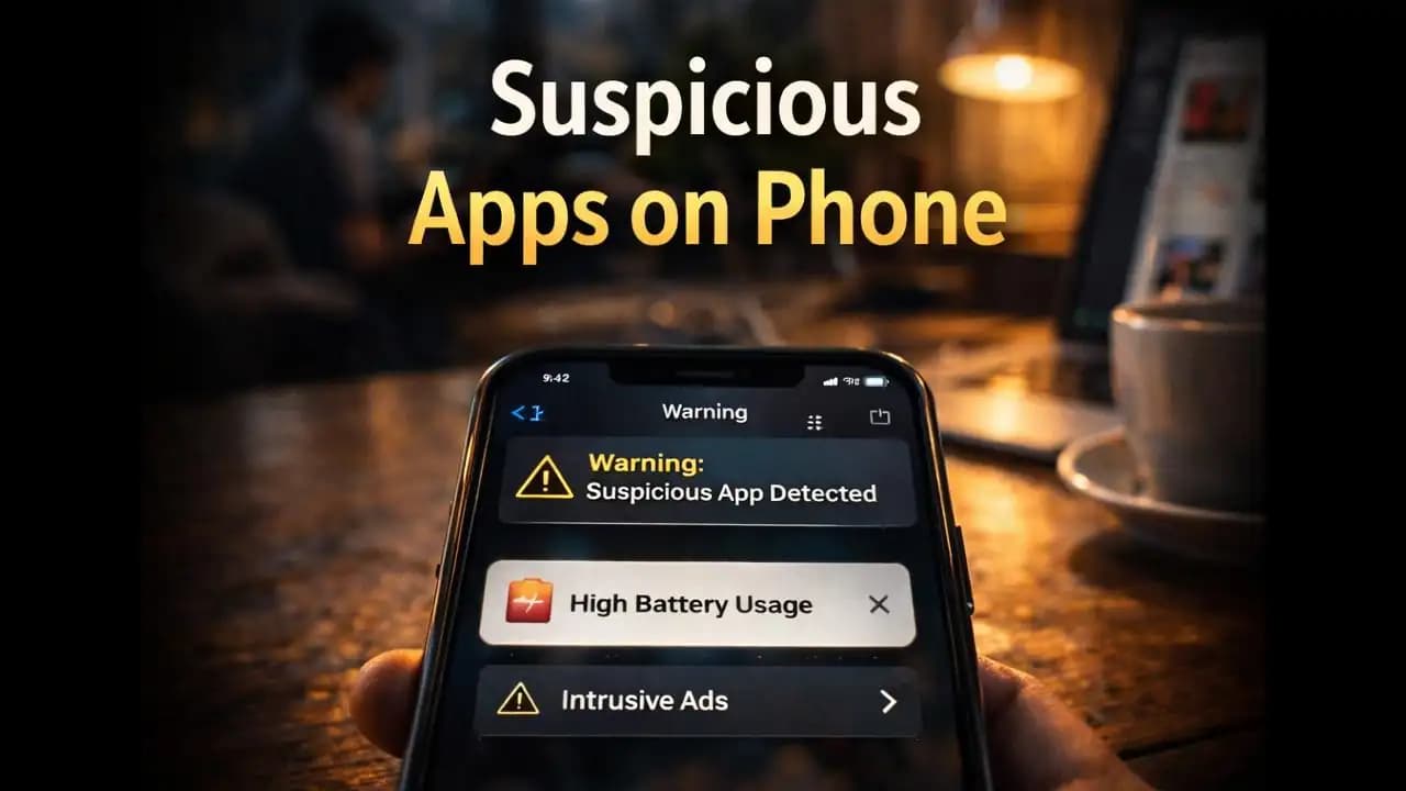 Smartphone showing unusual message and warning signs of suspicious apps on phone