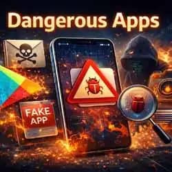 Dangerous mobile apps warning showing malware bug inside smartphone