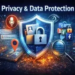 Digital privacy and data protection concept showing shield lock protecting personal data