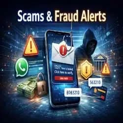 Online scam and fraud alert concept showing phishing message and warning symbol