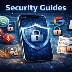 Online security guide concept showing shield protecting smartphone and user accounts