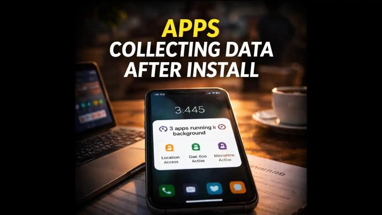 Smartphone screen showing apps collecting data after install with background activity notifications