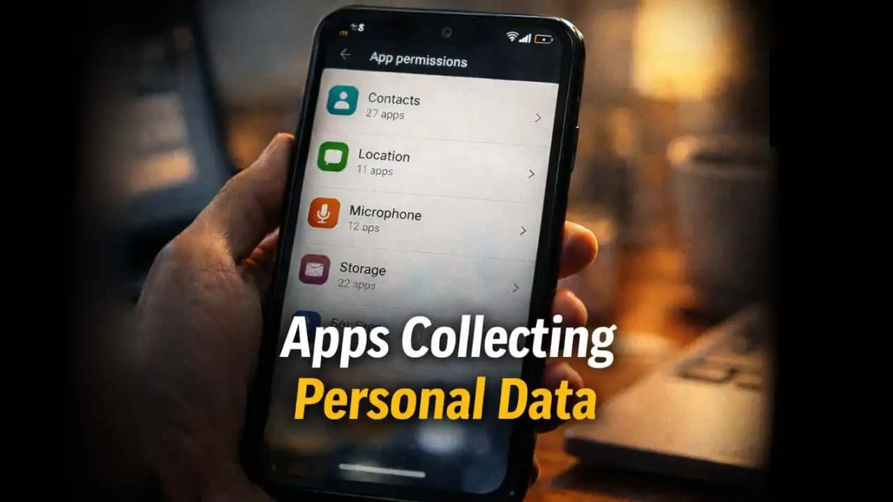 Smartphone showing app permissions and apps collecting personal data in Android settings