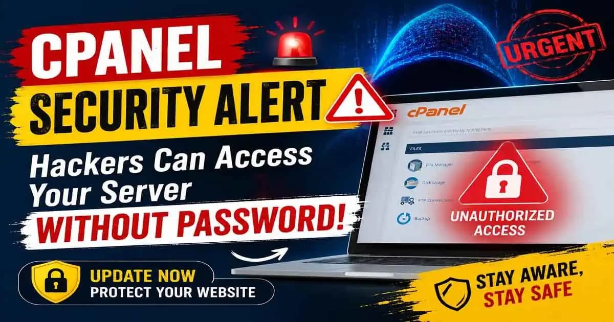 Laptop displaying cPanel dashboard with cybersecurity warning and suspicious server activity alerts
