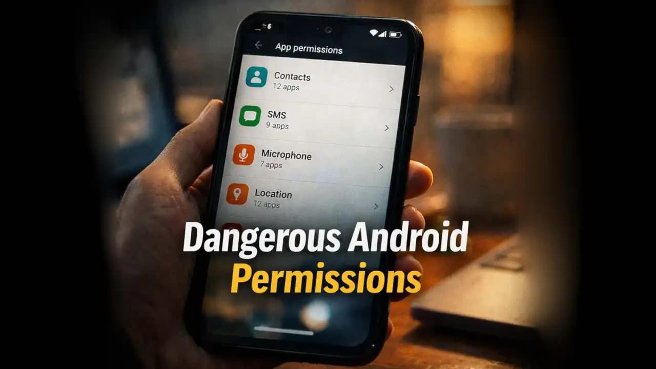 Android smartphone showing app permission settings highlighting dangerous Android permissions