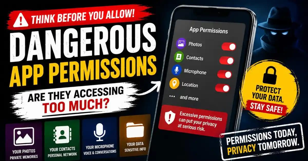 Dangerous app permissions requesting access to photos contacts and microphone on a smartphone