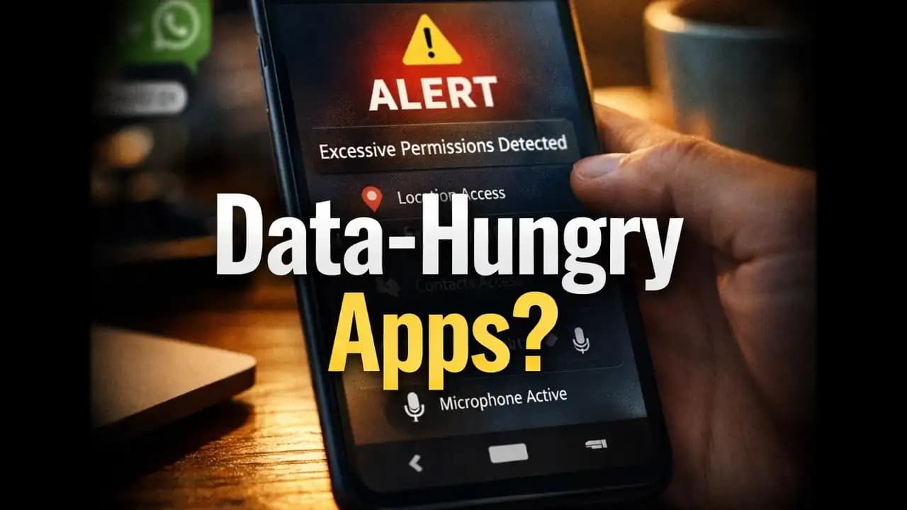 Smartphone showing app permissions and privacy warning about excessive data collection apps
