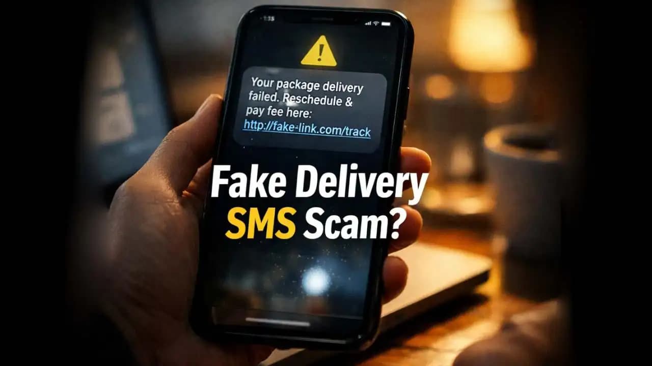 Fake delivery SMS scam message showing suspicious package tracking link on smartphone