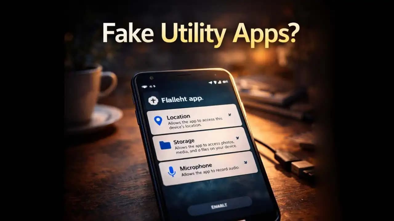 Android smartphone showing suspicious flashlight or cleaner app requesting unusual permissions
