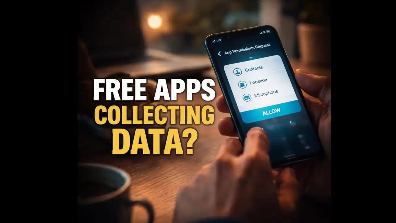 Free apps collecting data permissions warning on smartphone screen