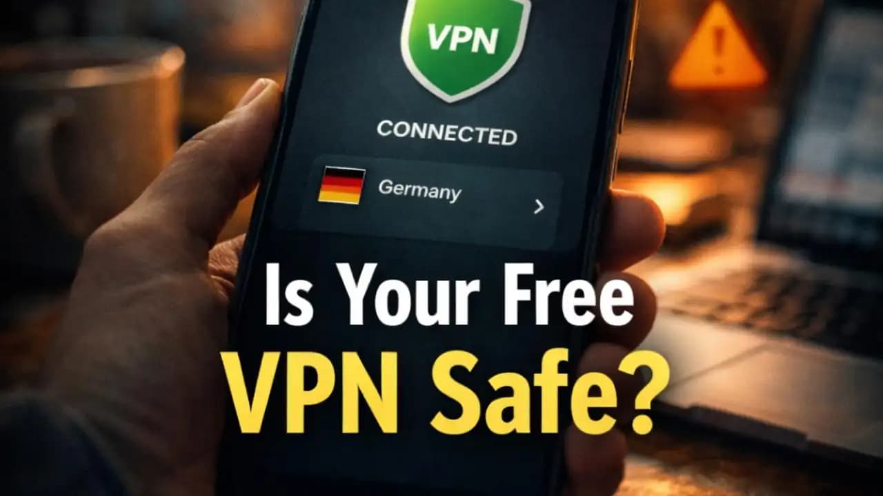 Smartphone showing a free VPN app connected while privacy warning symbols appear in the background