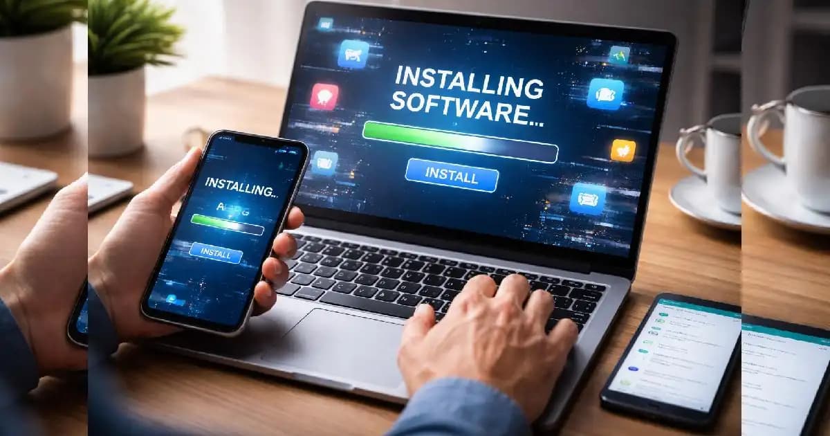 Person installing software on a laptop and smartphone