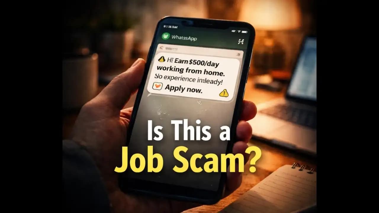 Smartphone showing a suspicious job offer scam message promising easy online work
