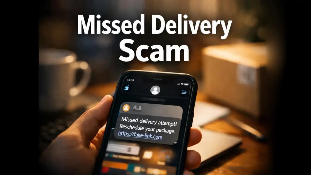 Example of a missed delivery SMS scam message with a suspicious package tracking link