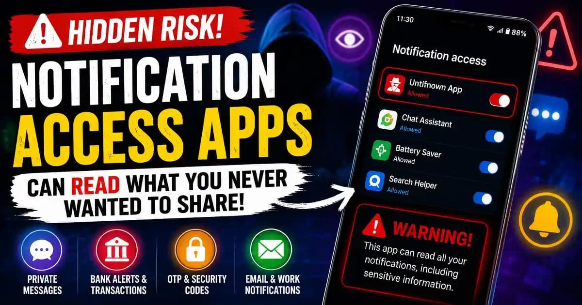 Notification access apps on Android reading sensitive alerts and private messages from a smartphone