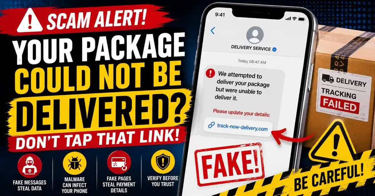 Package delivery phishing scam message shown on a smartphone pretending to be a failed delivery alert