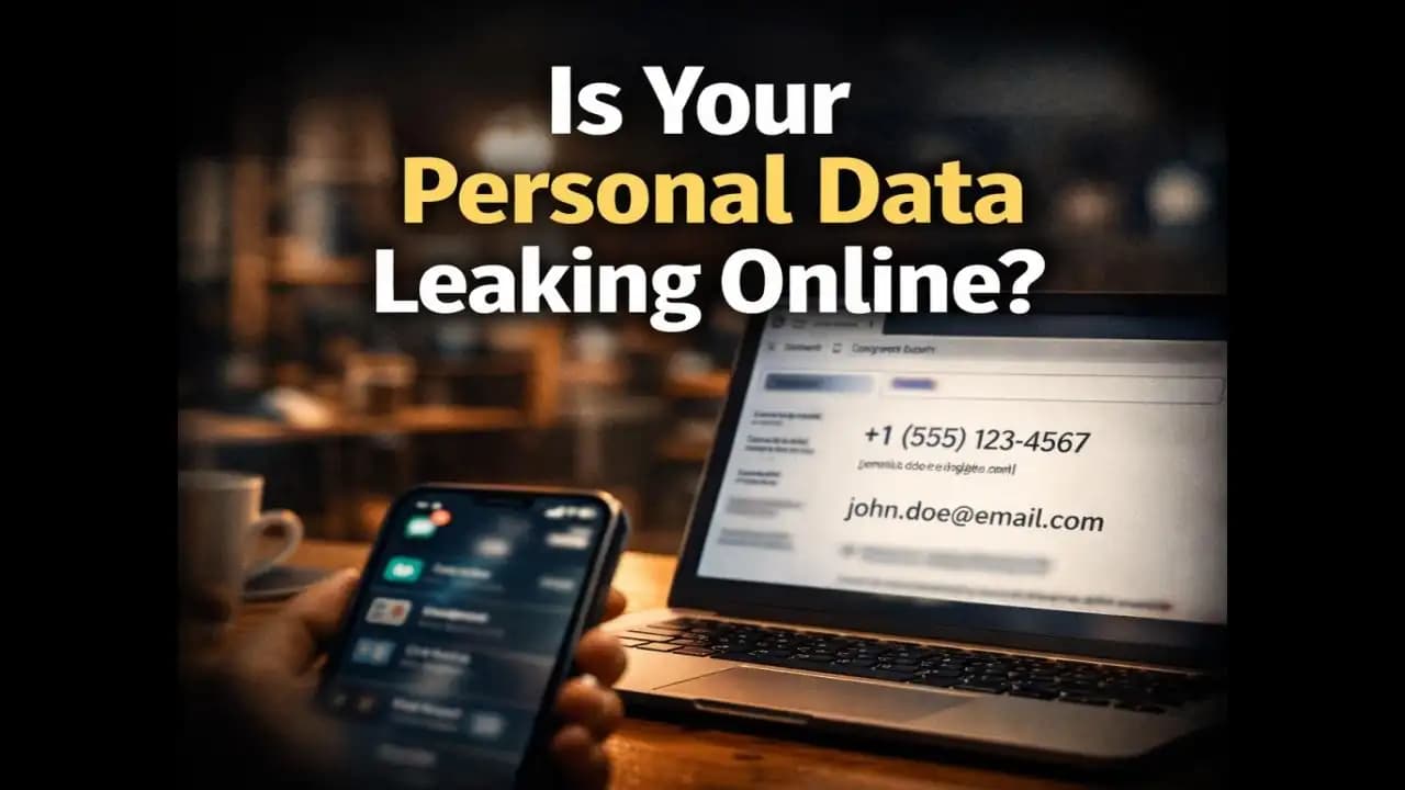 Search results showing personal data exposure online with phone and laptop on desk