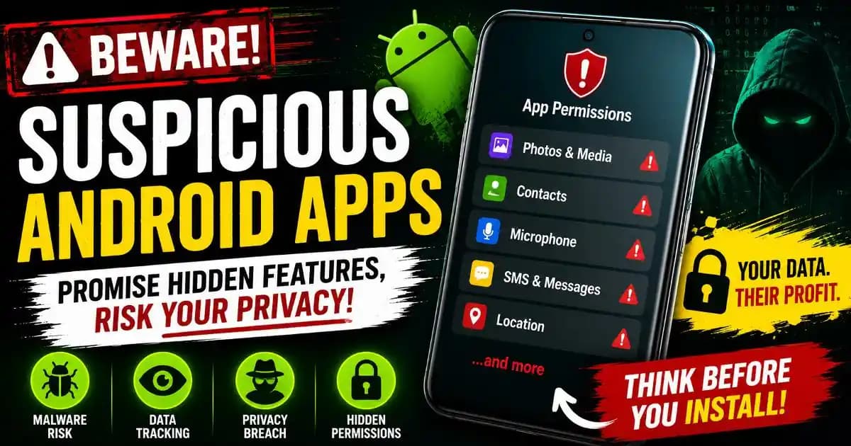 Suspicious Android apps promising hidden features while requesting risky permissions on a smartphone