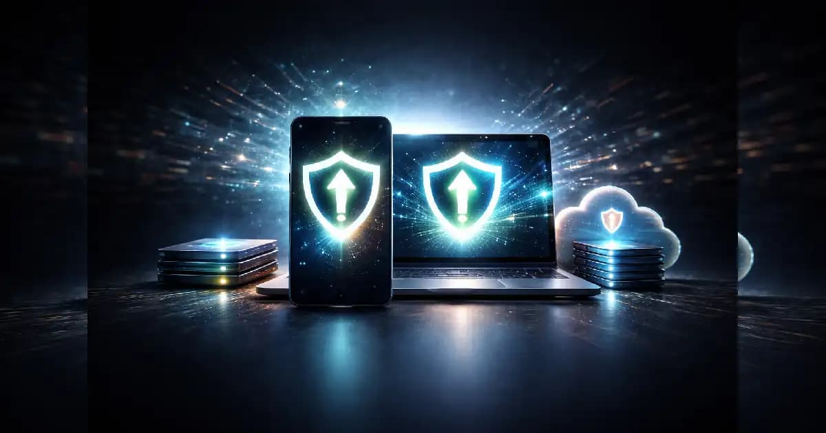 Cinematic illustration symbolizing safe software updates and protected user data