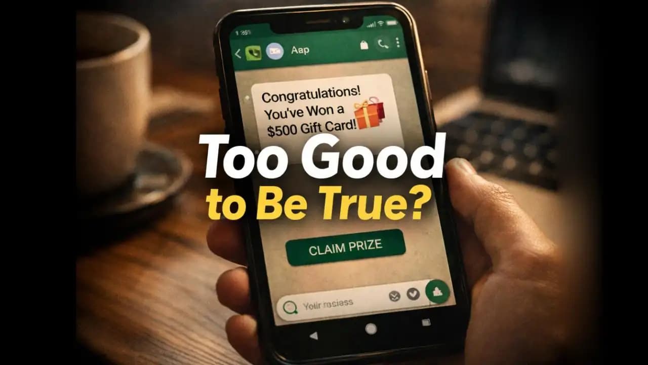 WhatsApp prize scam fake winner message on smartphone screen