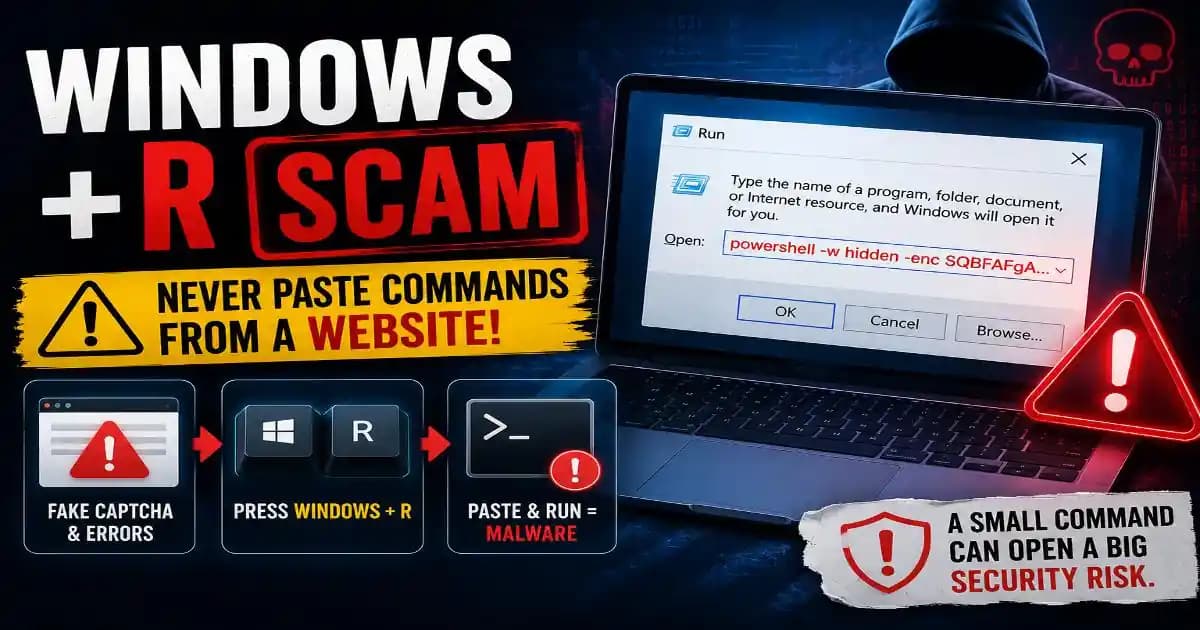 Windows + R scam warning showing a fake website asking users to paste a command