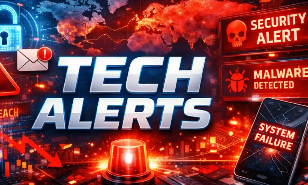 Breaking technology alert showing cybersecurity warning and system notification