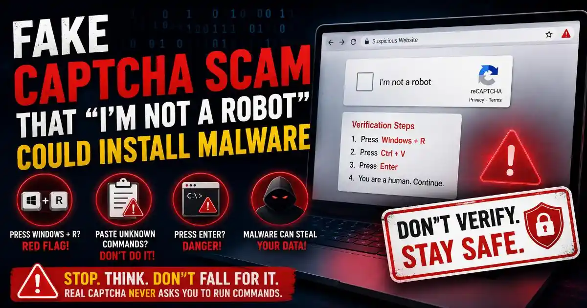 Fake CAPTCHA scam warning showing an I'm not a robot malware trap