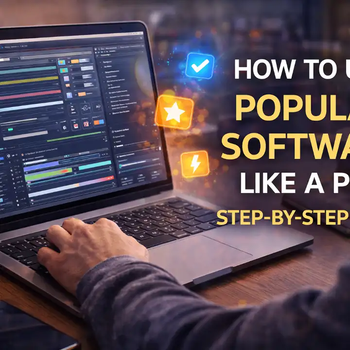 Person confidently using software on a laptop with organized workspace